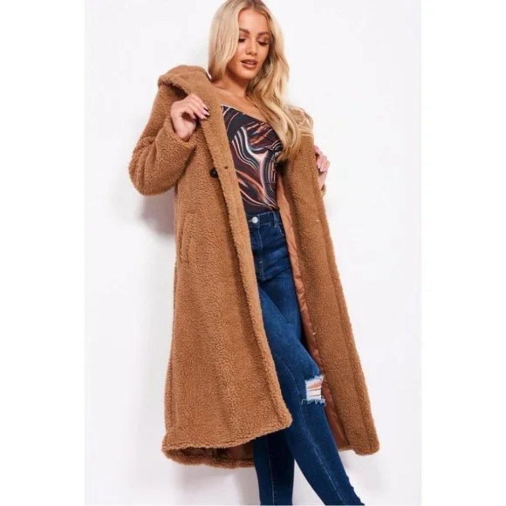 Brown Long Sleeve Hooded Hoodie Long Maxi Borg Teddy Bear Fur Coat - Picture 3 of 15